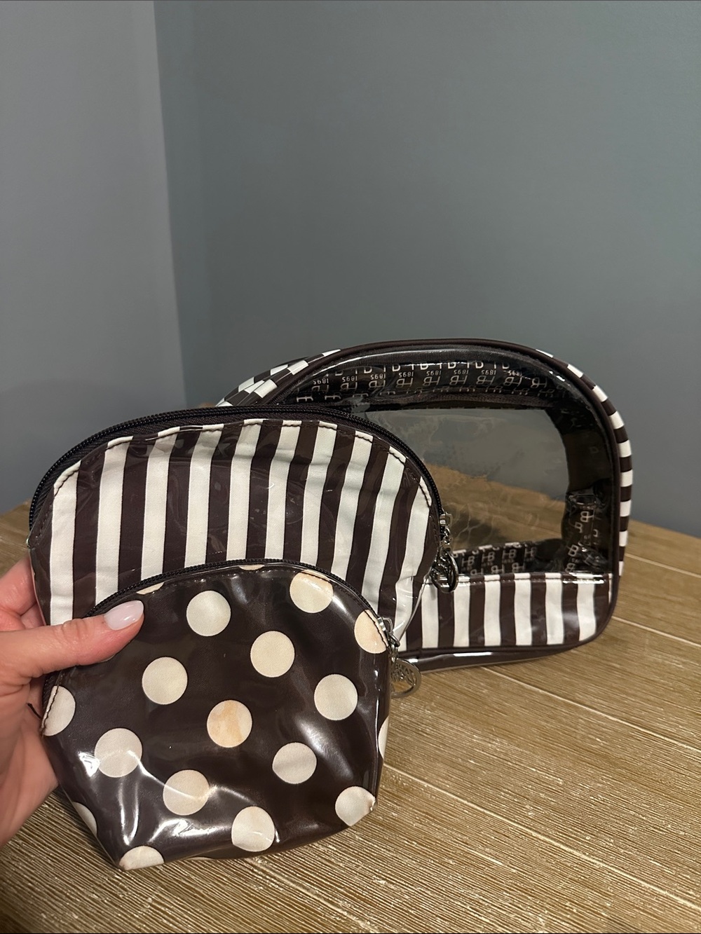 Striped & Polka Dot Cosmetic Pouches - Brown and Cream